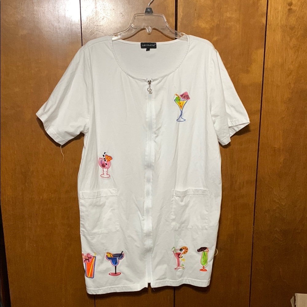 CLUB Z COLLECTION- White Zip-Up Beach Cover Up with Colorful Cocktail Embroidery